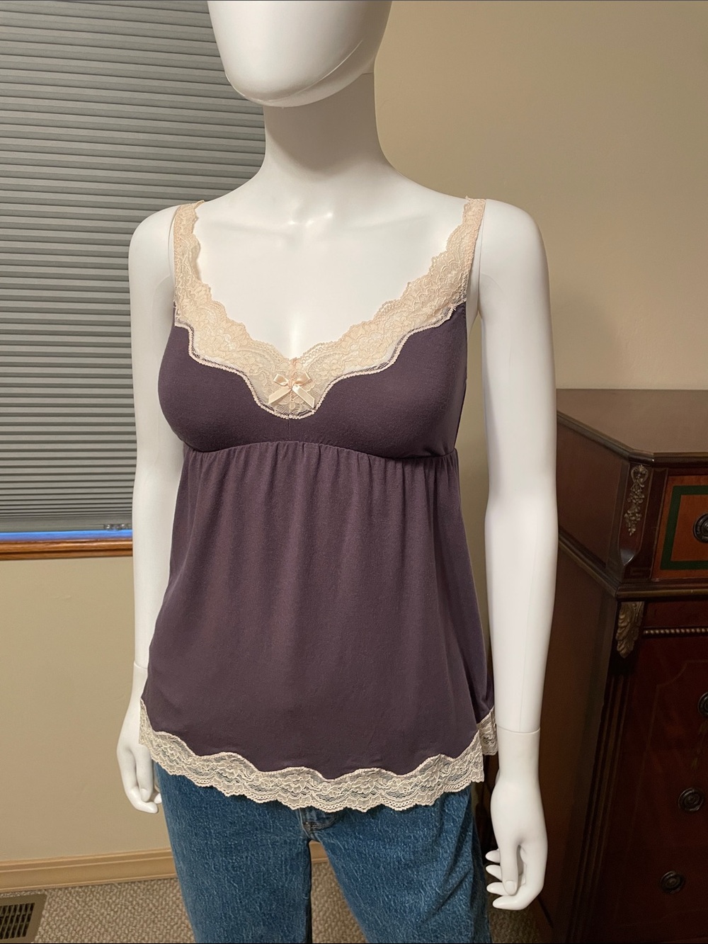 NWT Anthropologie Eberjey Lady Godiva  Gray Cream Lace-Trim Camisole Modal Top